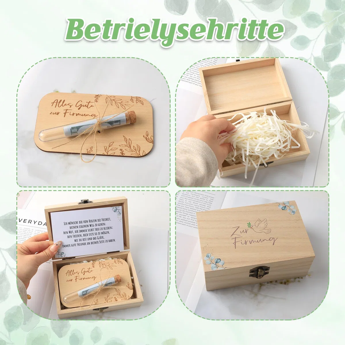 5-teiliges Firmung Geschenke, mit Glückwunschkarte, Reagenzglas, Raffia, Holzkarte, Verpackung für Geldgeschenke (14,5 x 10,5 x 6,5 cm) für Firmung Deko