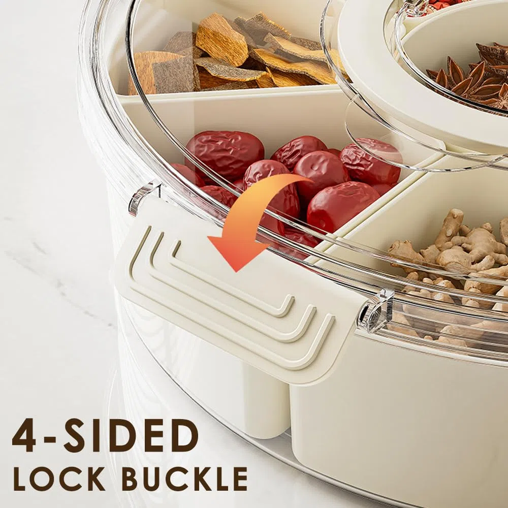 Snackbox mit Fächern, Rund Große Snackdose mit 9 Fächern, Deckel, Griff, 4 Gabel, Snackteller mit Deckel, für Snacks Süßigkeiten Nüsse Obst Gewürze, für Party Picknick Trips
