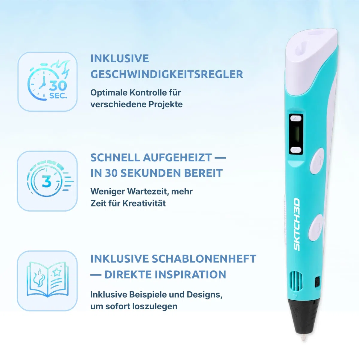 3D Stift mit 50m PLA Filament – Professioneller 3D Pen Starterset mit 10 Farben, USB Adapter, Vorlagenbuch & Anleitung – 3D Druckstift für Kreative, DIY & Zeichnen in 3D (Blau)