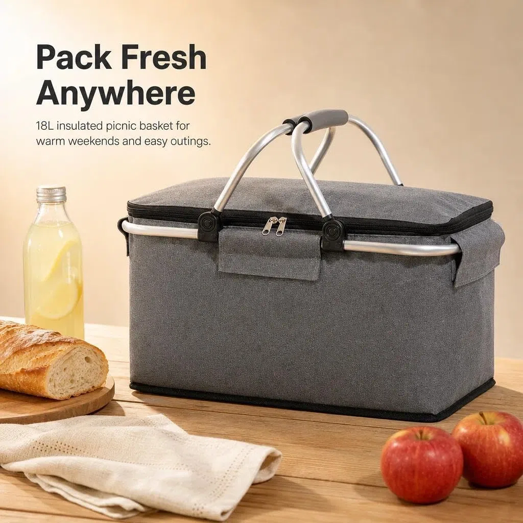Einkaufskorb Faltbar, Einkaufskorb mit Kühlfunktion, Thermo als Picknickkorb, Tragekorb, für Picknick, Reisen, Einkaufen,18L(Grau)