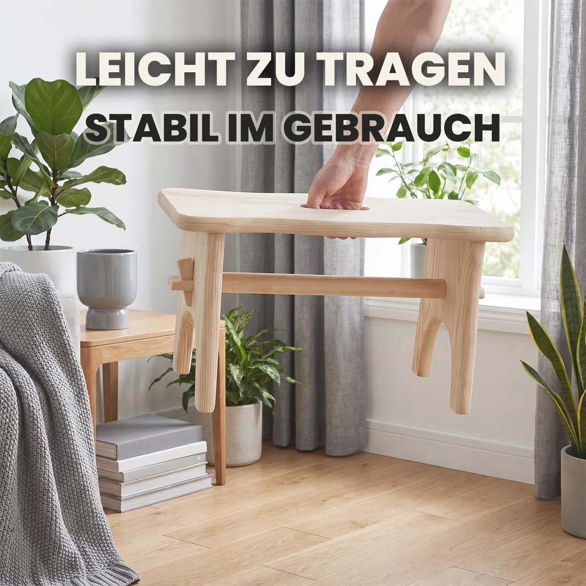 Kleiner Hocker Holz, Keine Montage, kein Kleben, 40 x 20 x 20 cm | 40 x 20 x 20 cm, Kiefernholz massiv, Mit Tragegriff, Leicht und stabil, Für den täglichen Gebrauch, Platzsparend