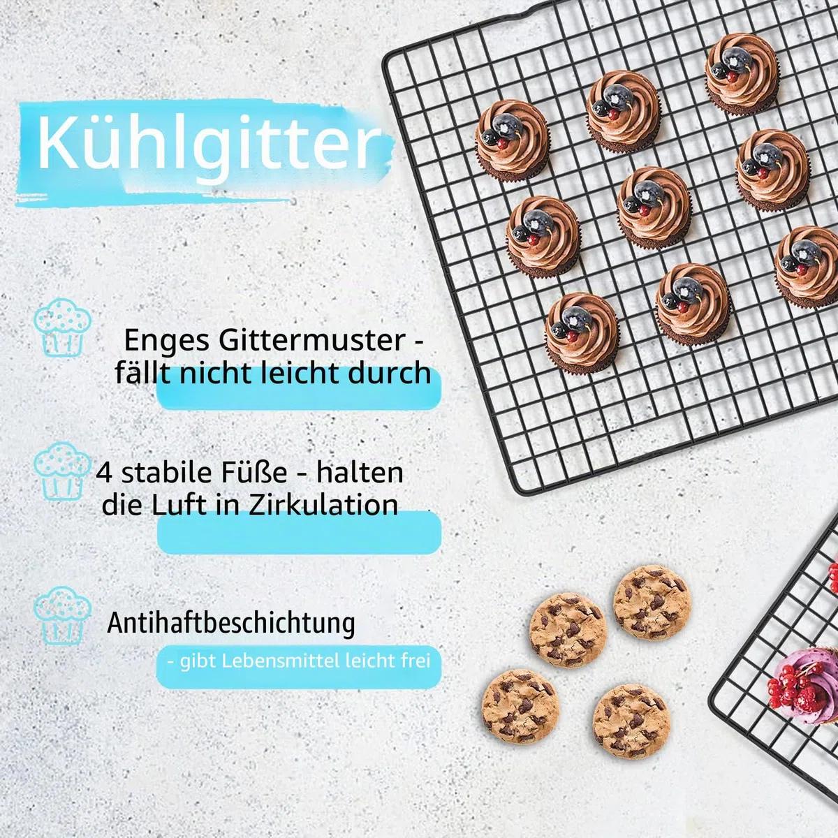 Tebery 4 Stück Edelstahl-Grillrost & Auskühlgitter, passt auf Backbleche für das Backen von Keksen und Kuchen, Räuchern, Grillen, Auskühlen – Rost- Resistent & Ofenfest 40.5 x 25.5 cm