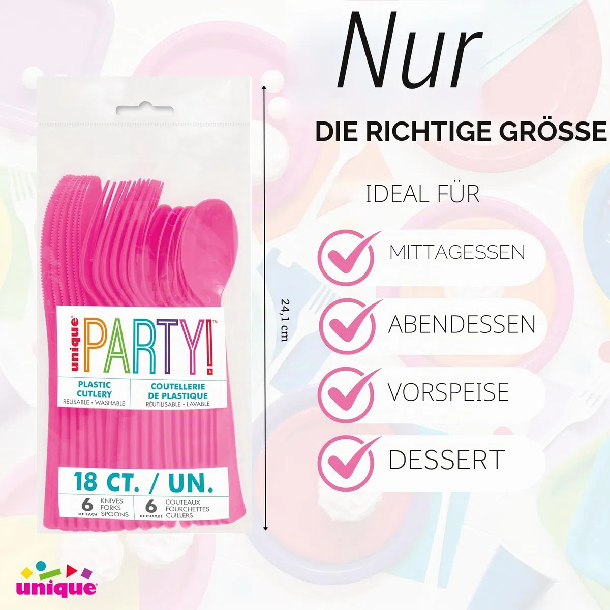 Kunststoffbesteck für 6 Personen - Dunkelrosa - 18-teilig, Hot Pink