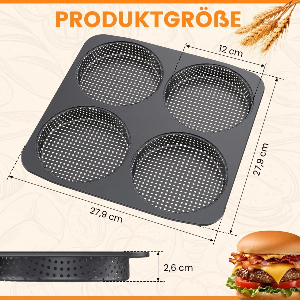 Burger Buns Backform, Perforierte Backform für 4 Burger Buns aus Karbonstahl, Brötchenblech Hitzebeständig bis 450°C, Perfekte Backergebnisse dank Antihaftbeschichtung, leicht zu reinigen