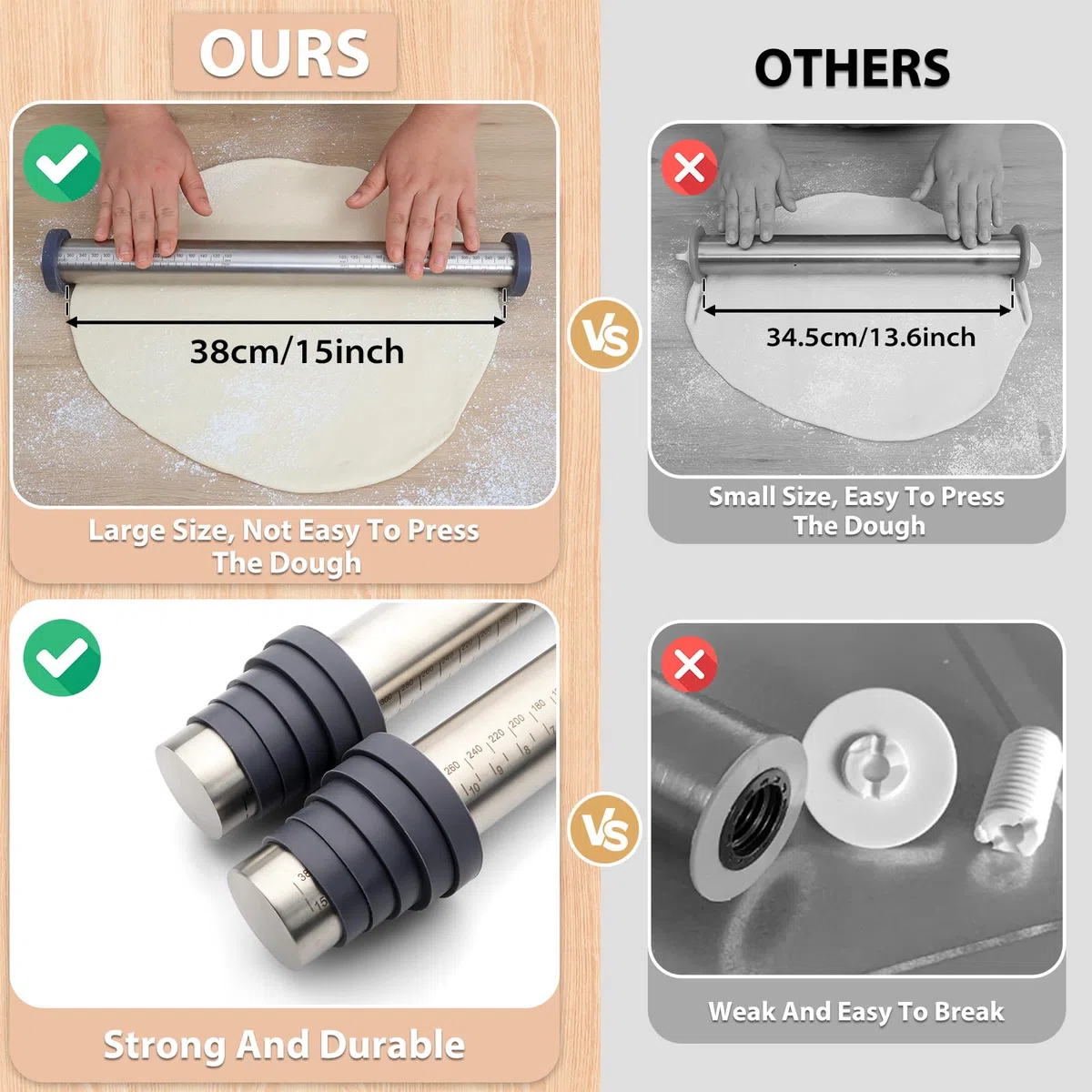 SUPER KITCHEN Nudelholz Einstellbares Edelstahl Teigroller, Antihaft Metall Nudelhölzer Fondant Teigrolle mit abnehmbare Ringe in 5 Größen, Backzubehör Rolling Pin für Pizza, Cookie, Gebäck Teig, 40cm