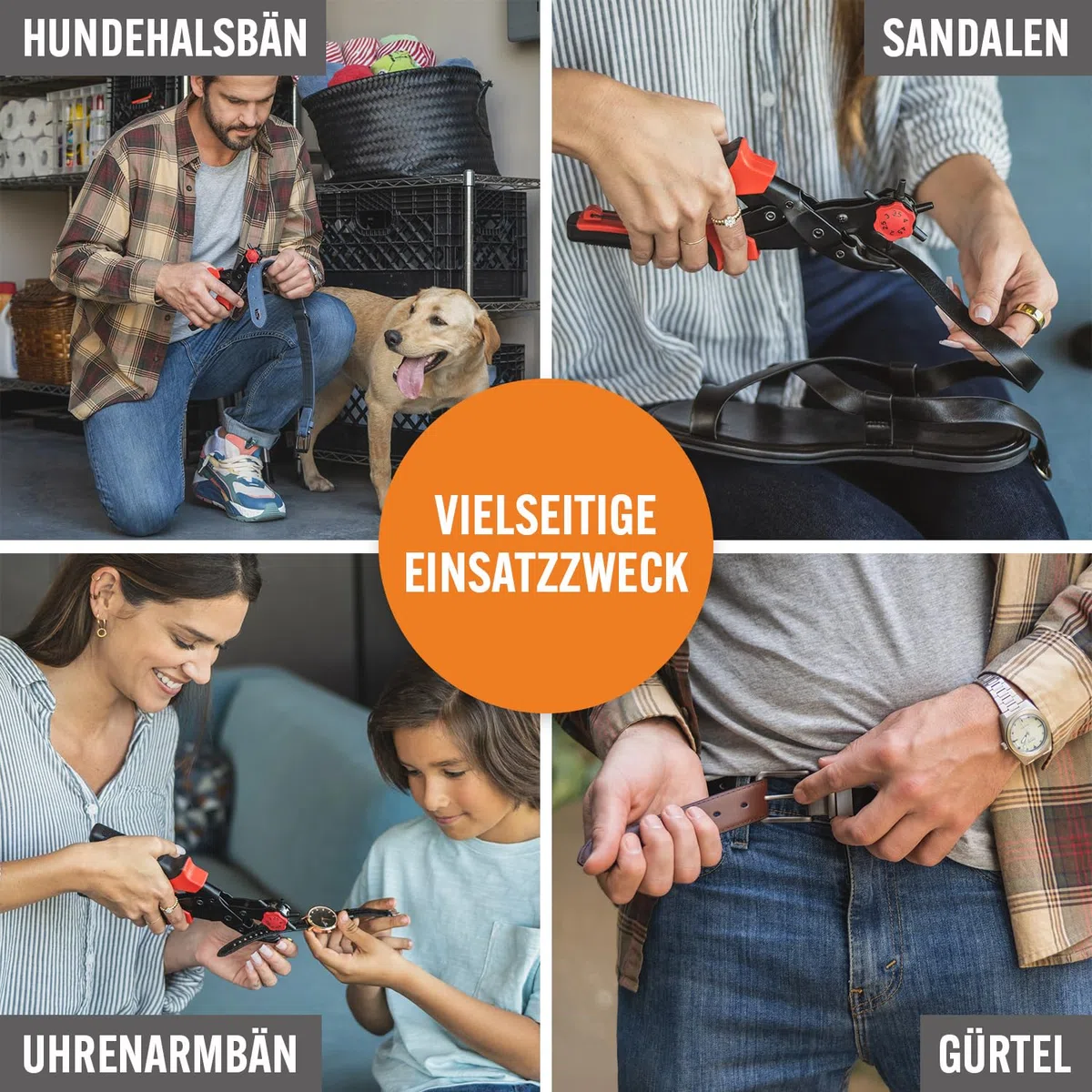 PRO-MASTER robuste Lochzange für Leder & Gürtel, Komplettset mit 6-fach verstellbarer Revolverlochzange 2–4,5 mm, Gürtellocher Set für Hundehalsband, Lederarmband, Stoff, Canvas, Gummi & Kunststoff