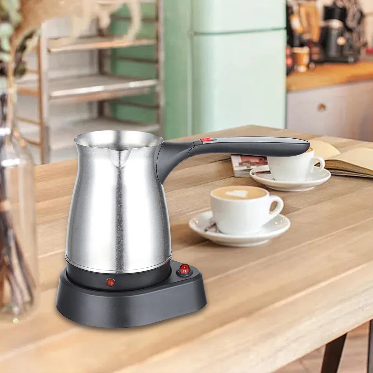 Milageto Espressokocher, 500 ml elektrische türkische Kaffeekanne, Edelstahl-Kaffeekessel, Teekessel mit Henkel, Wasserkocher für Haushalt Café Büro, Rautenmuster Silver
