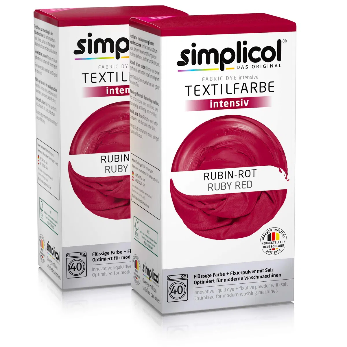 simplicol Textilfarbe intensiv (18 Farben), Rubin-Rot Dunkelrot: Einfaches Färben in der Waschmaschine, All-in-1 Komplettpackung 1842 (2x 1804) 2 Pack