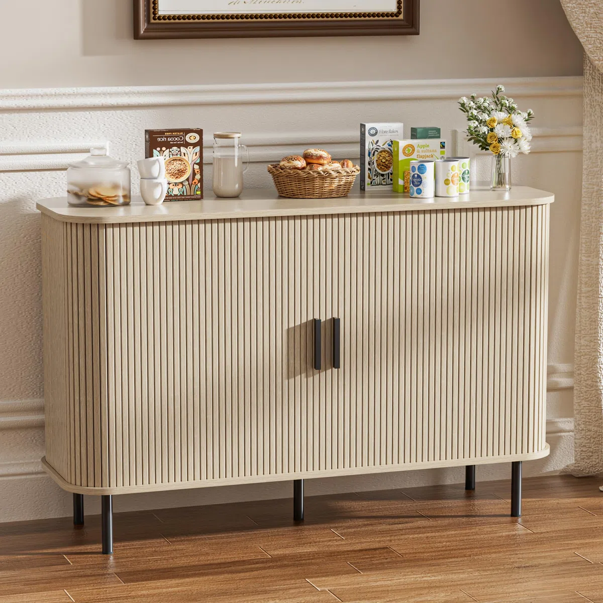 BonVache Gehäuseschrank, Aufbewahrungsschrank Buffet, Küchenschrank mit Schiebetür Trommel, Aufbewahrungseinheit für Salon Maison Esszimmer Moderne, Beige