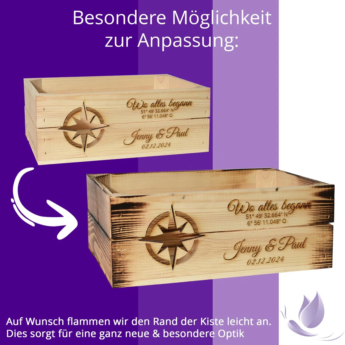 Holzkiste Personalisiert mit Wunschtext für jeden Anlass - Gravierte Erinnerungskiste Geburtstag Rente Abschied Hochzeit Geburt