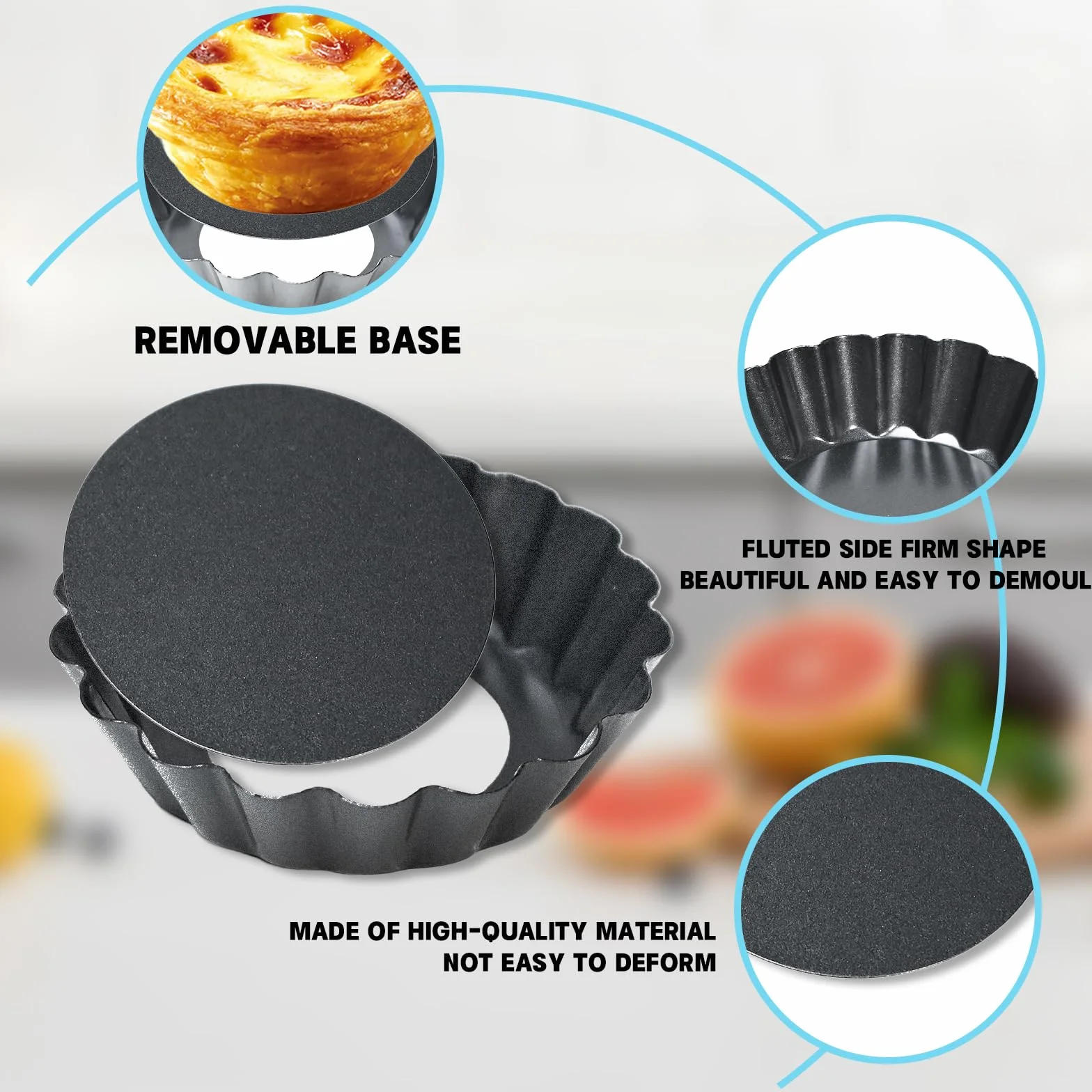 Tarteform mit Hebeboden,12 Stück Törtchenform 8 cm/3 Zoll, Antihaftbeschichtung Quicheform,Tartelette Förmchen aus Kohlenstoffstahl,Wiederverwendbar,Tortenboden Backform Zum Backen Eierkuchen