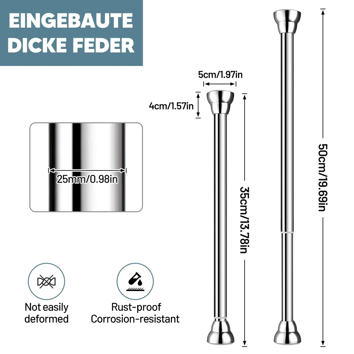 Verstellbare Kleiderstange ohne Bohren, Ausziehbare Kleiderstange für Schrank, Duschvorhangstange Edelstahl Teleskopstange Spannstange für Dusche Balkon Badezimmer Hängestange, 35 bis 50cm