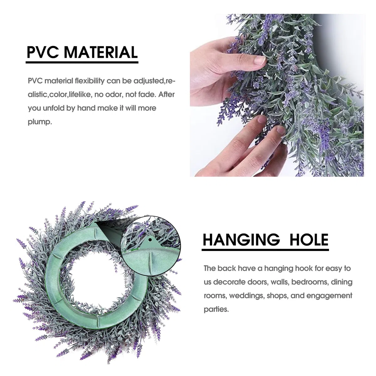 Lavendel-Kranz für die Haustür,48 cm/19 Zoll, künstlicher Frühlings-/Sommer/Valentinstags, Ganzjahres mit UV-Schutz, Landhausstil, für Hochzeiten, Partys, Zuhause, Wand oder Kamin