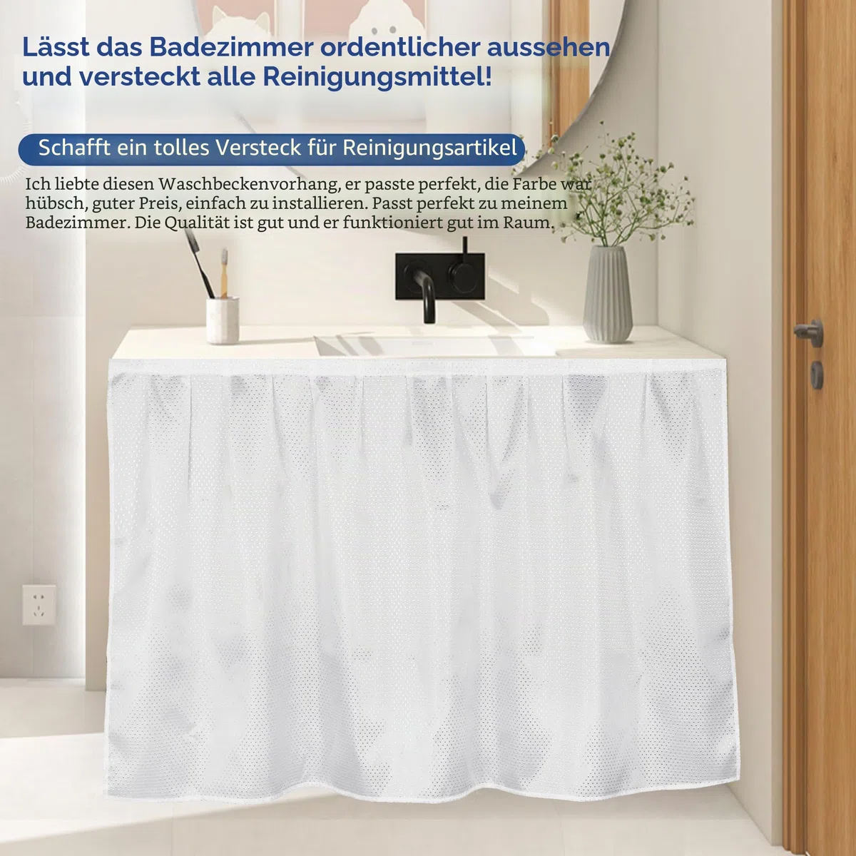 Stoff-Spülbeckenrock für Waschbecken, wasserdicht, unter der Spüle, zum Verstecken von Reinigungsmitteln, selbstklebend, einfache Installation, 140 x 81 cm, Badezimmer-Aufbewahrungslösung