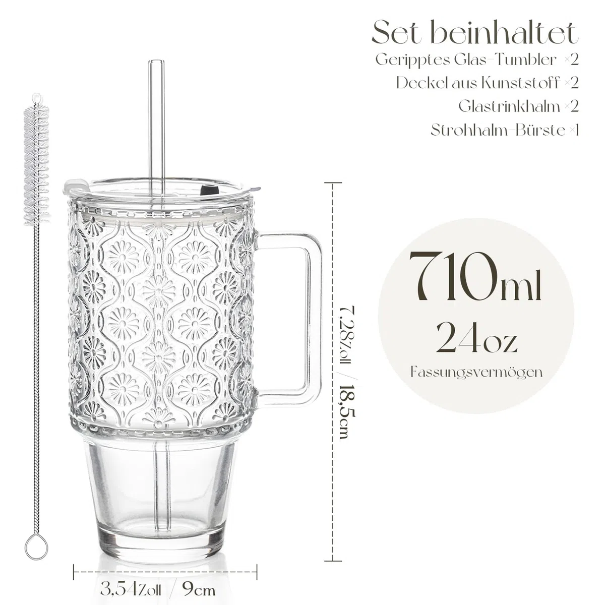 KEMORELA 2er-Set 710ml Premium Rillengläser mit Deckel & Strohhalm - Kaffeebecher, Saftgläser, Smoothiegläser & Wassergläser mit extra weitem Rand, bleifrei und spülmaschinengeeignet