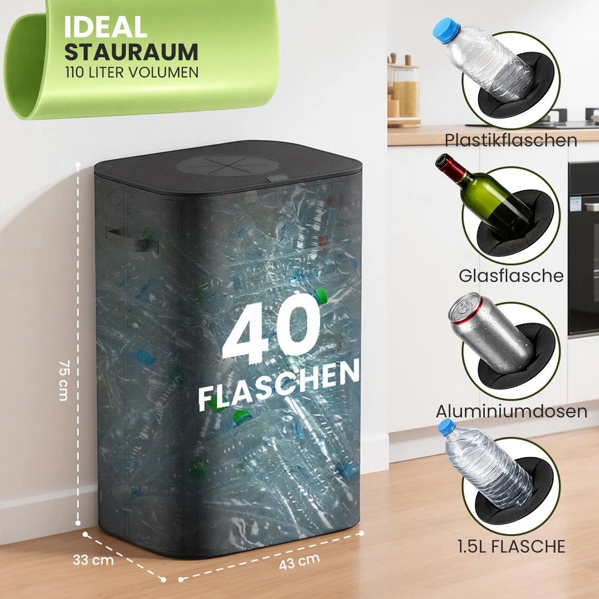 110L Groß Pfandflaschen Sammelbehälter mit Deckel & Tragetaschen,pfandflaschen behälter,Leergut sammelbehälter mit Loch,Behälter Leergut & Altglas Aufbewahrung,Flaschensammler für Küche usw (Schwarz)