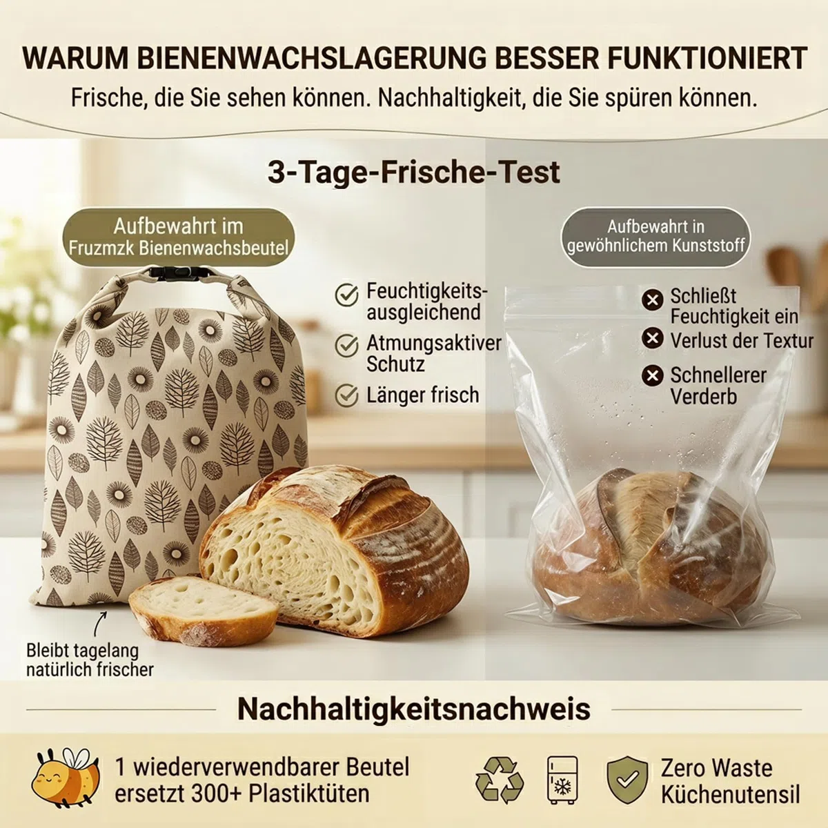 Bienenwachs Brotbeutel für Hobbybäcker: 43x33cm Wiederverwendbarer Sauerteigbeutel mit Natürlicher Bienenwachsbeschichtung, atmungsaktiv Frische, waschbar für selbstgebackenes Brot 2er Set