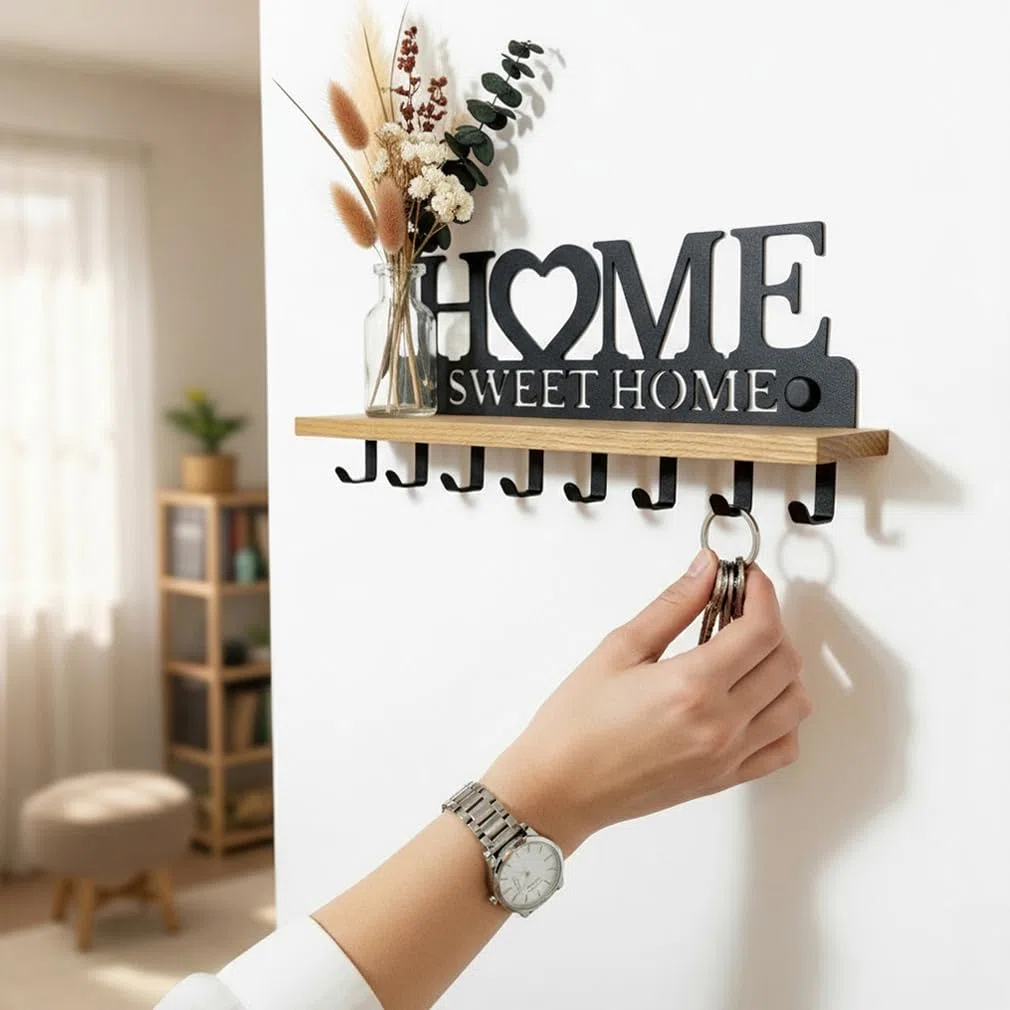 Schlüsselbrett mit Ablage aus Echtholz & Metall | Wandorganizer mit 8 Haken für den Flur | Home Sweet Home Design zur Wandmontage
