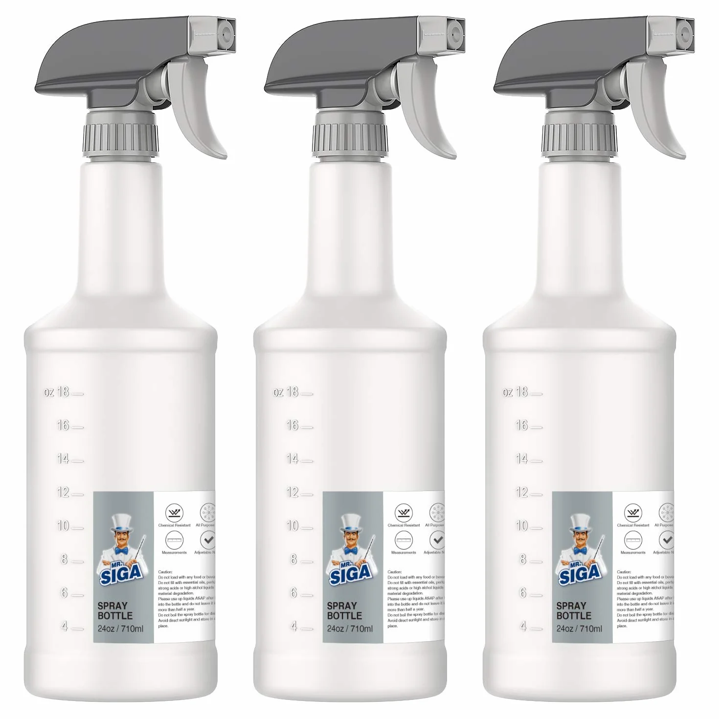 MR.SIGA 710 ml leere Kunststoff-Sprühflaschen für Reinigungsmittel, strapazierfähige, wiederverwendbare Sprühflaschen für den Haushalt mit Maßangaben und einstellbarer, auslaufsicherer Düse, 3er-Pack