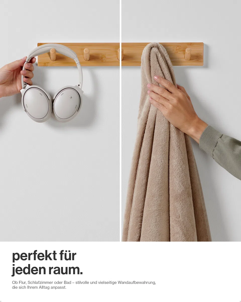 LARHN Garderobenhaken Holz (2 Stück) - Garderobenleiste Holz mit 5 Haken - 43 cm - Kleiderhaken Wand - Wandgarderobe für Flure, Garderoben, Schlafzimmer und Badezimmer