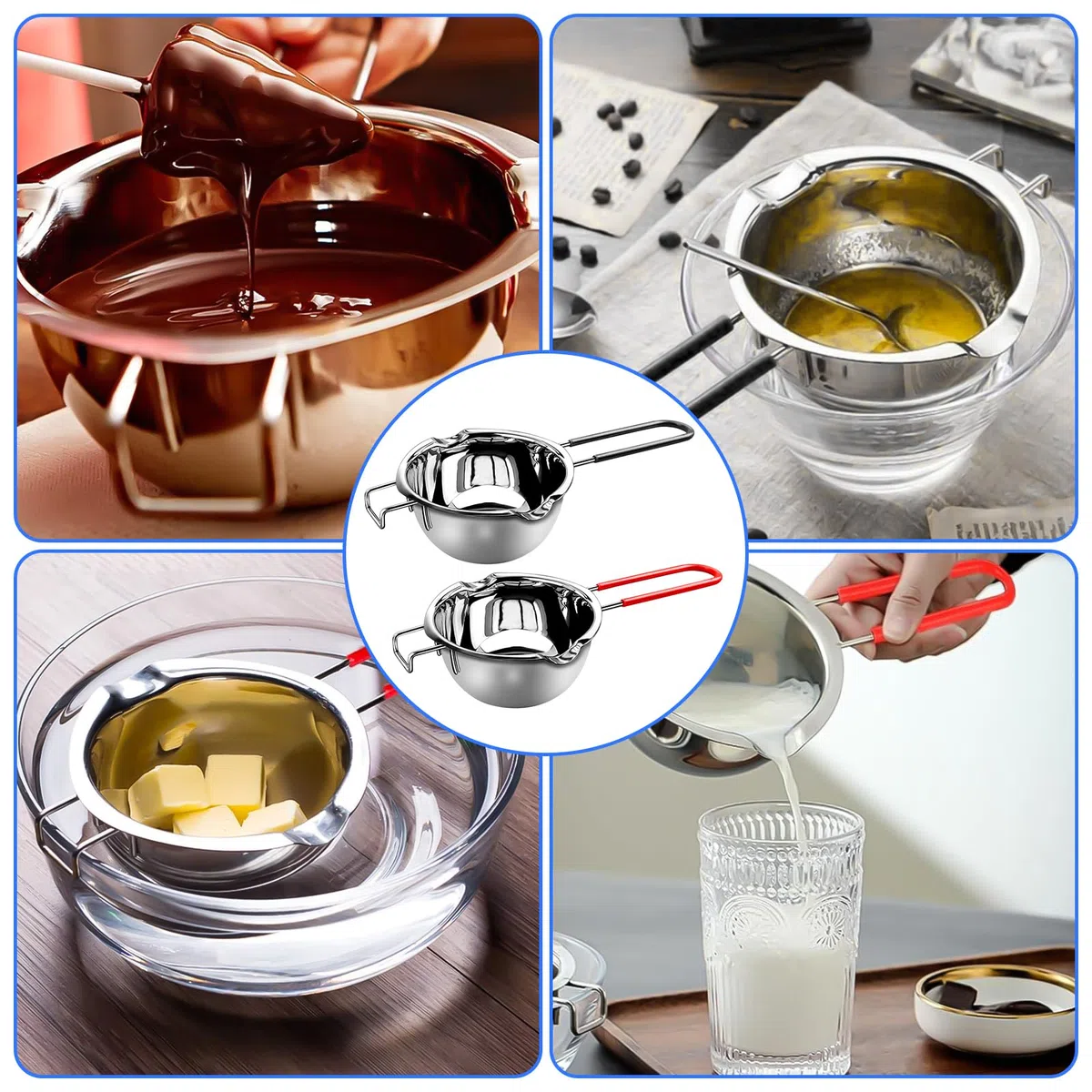 2 Stück Wasserbad-Schmelzschale,Schmelztopf 304 Edelstahl mit 2 Spatel und Hitzebeständigem Griff für Schokolade Zucker Butter Käse Karamell Kerzen (400ml)