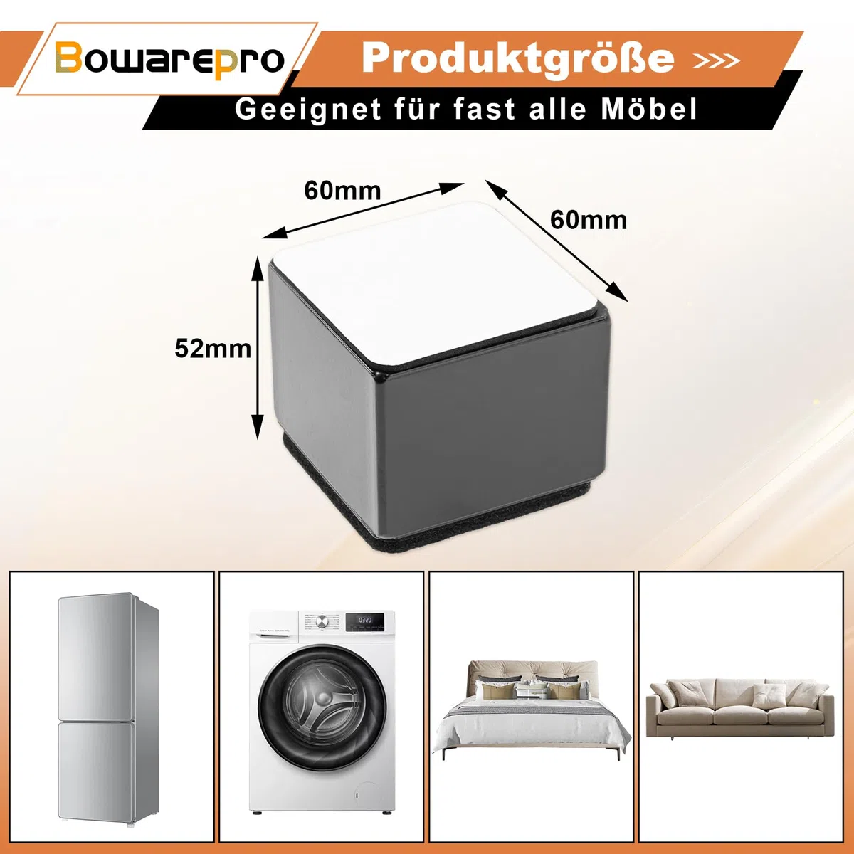 4 Stück Karbonstahl Möbelerhöhung 5 cm Hoch, Selbstklebende Möbelerhöhung, 60x52mm, Möbelfüße zum Kleben, Möbelerhöher für Sofa Tisch Schrank Bett Schreibtisch Erhöhung (Schwarz/Quadrat)