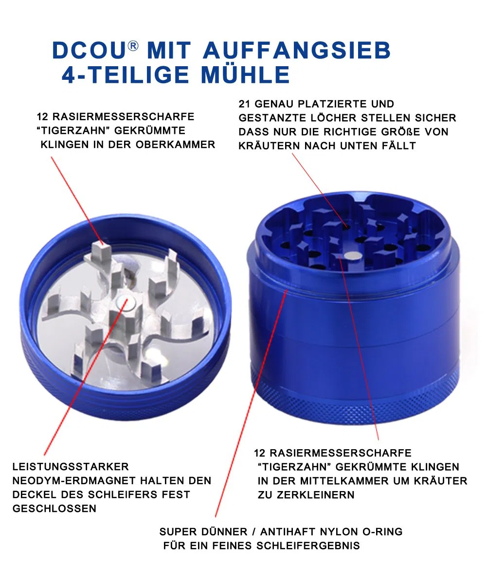 DCOU Handkurbel Premium Mühle unzerbrechlich CNC Aluminium Metall Mahler Schleifer 4 Teile Ø55mm