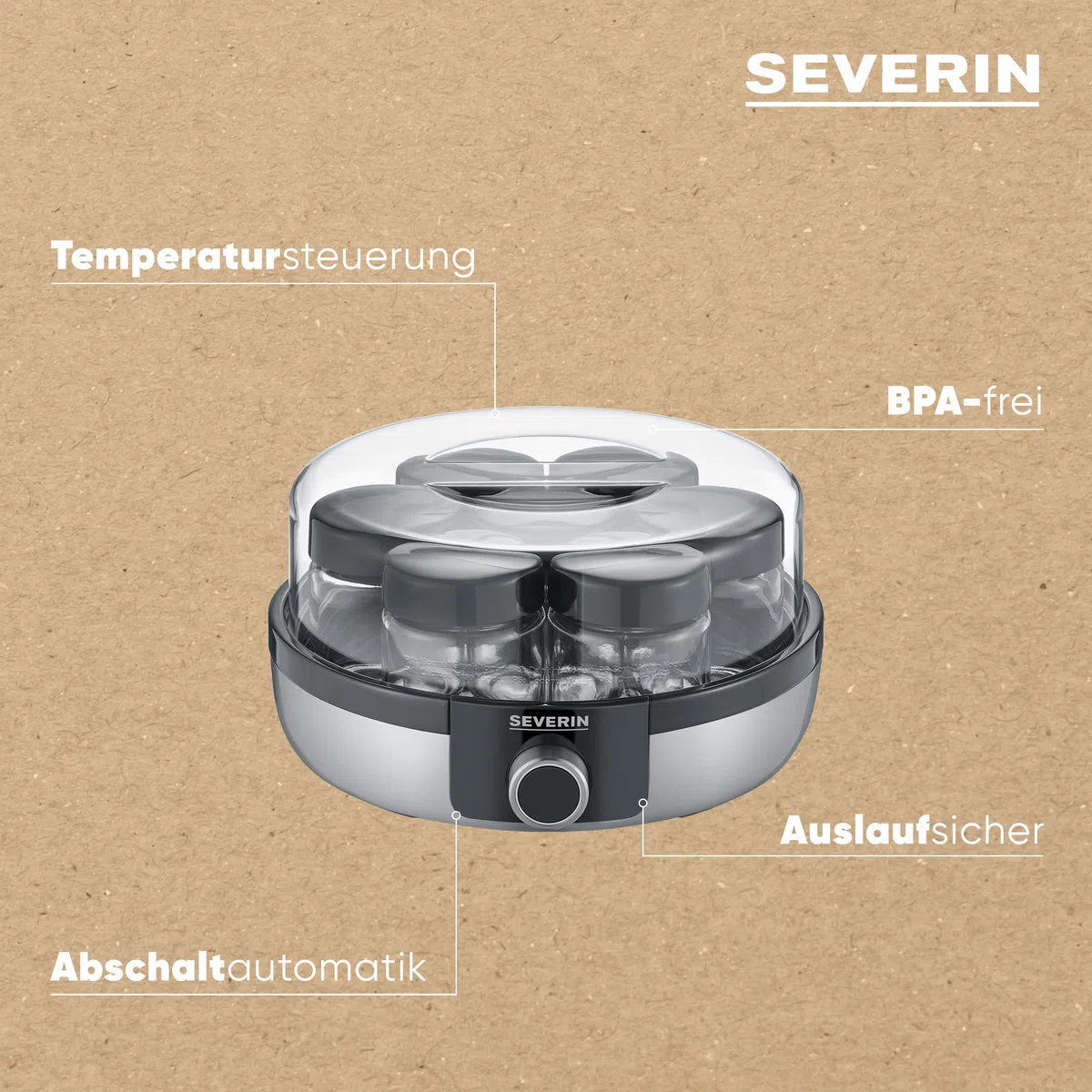 SEVERIN Joghurtbereiter, digitale Joghurtmaschine mit 5 Automatik-Programmen für selbstgemachten Joghurt, enthält 7 Joghurtgläser mit Deckel, JG 3521