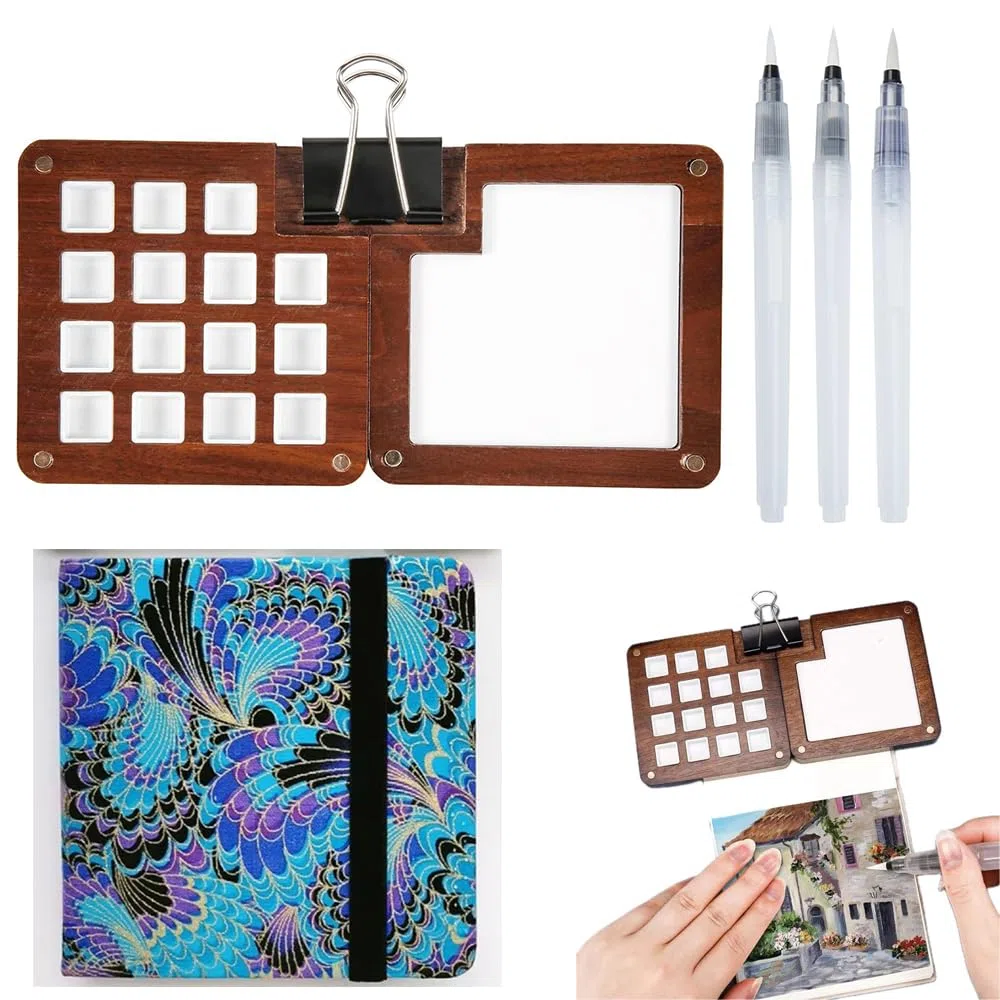 Reise-Skizzenbuch Palette, 15 Fächer, Mini-Holz-Magnet-Palette, Farbsparer 12 x 12 cm, Aquarell-Skizzenbuch, Tagebuch, 300 g/m², 24 Blatt, Kaltpress-Papier
