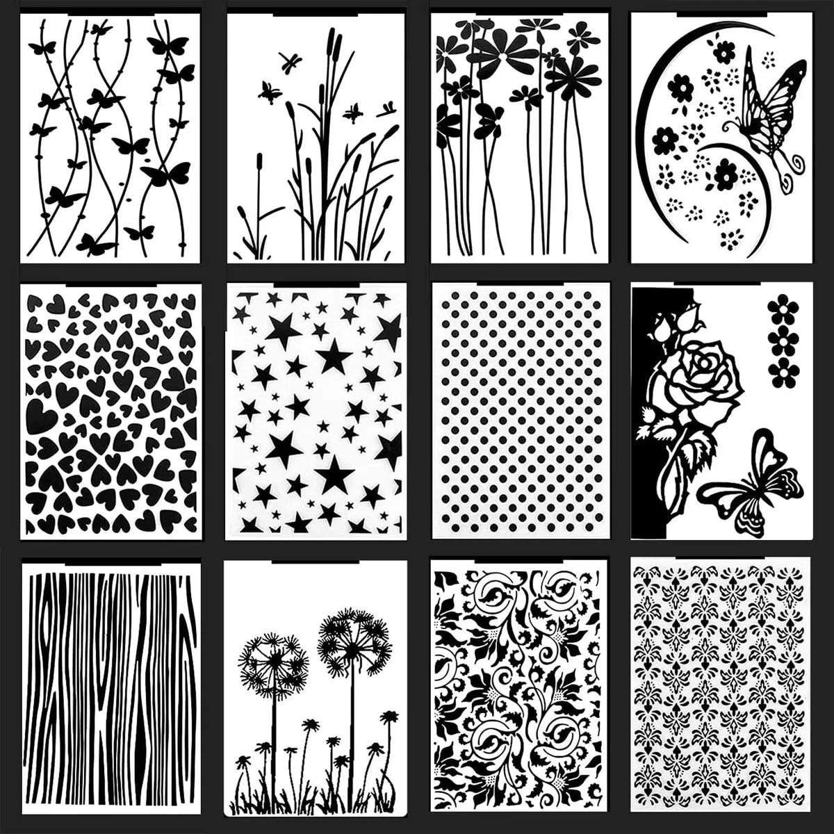 12 Stücke Prägeschablone, Kunststoffschablone, Bastelkarte, Kunststoff Prägeschablonen für Kartenherstellung, Fotoalbum, Scrapbook-Dekoration, Rosen-Schmetterling (14.5 x 10.5 cm)