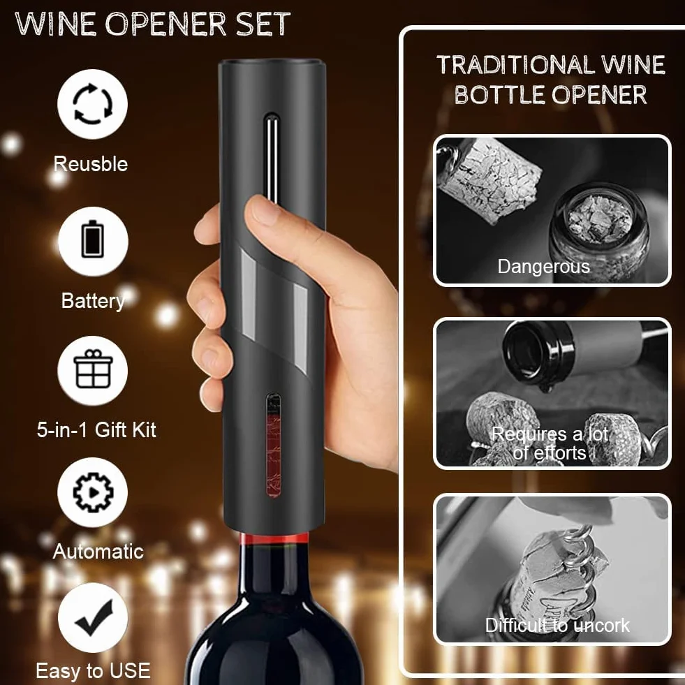 Elektrischer Korkenzieher , Geschenkbox 5-in-1 Elektrischer Weinflaschenöffner mit Folienschneider, Vakuumstopfen und Weinausgieer, USB Wiederaufladbare Batterie