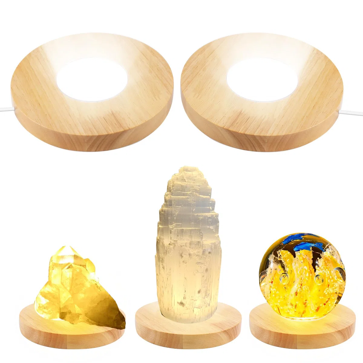 LED-Display-Ständer aus Holz, 15 cm, rund, mit 3 Leuchtmodi, USB-Kristall-Display-Basis, Holzsockel für Kristallglas, Harz, Kunst, Schmuck, Acryl (Holz), 2 Stück