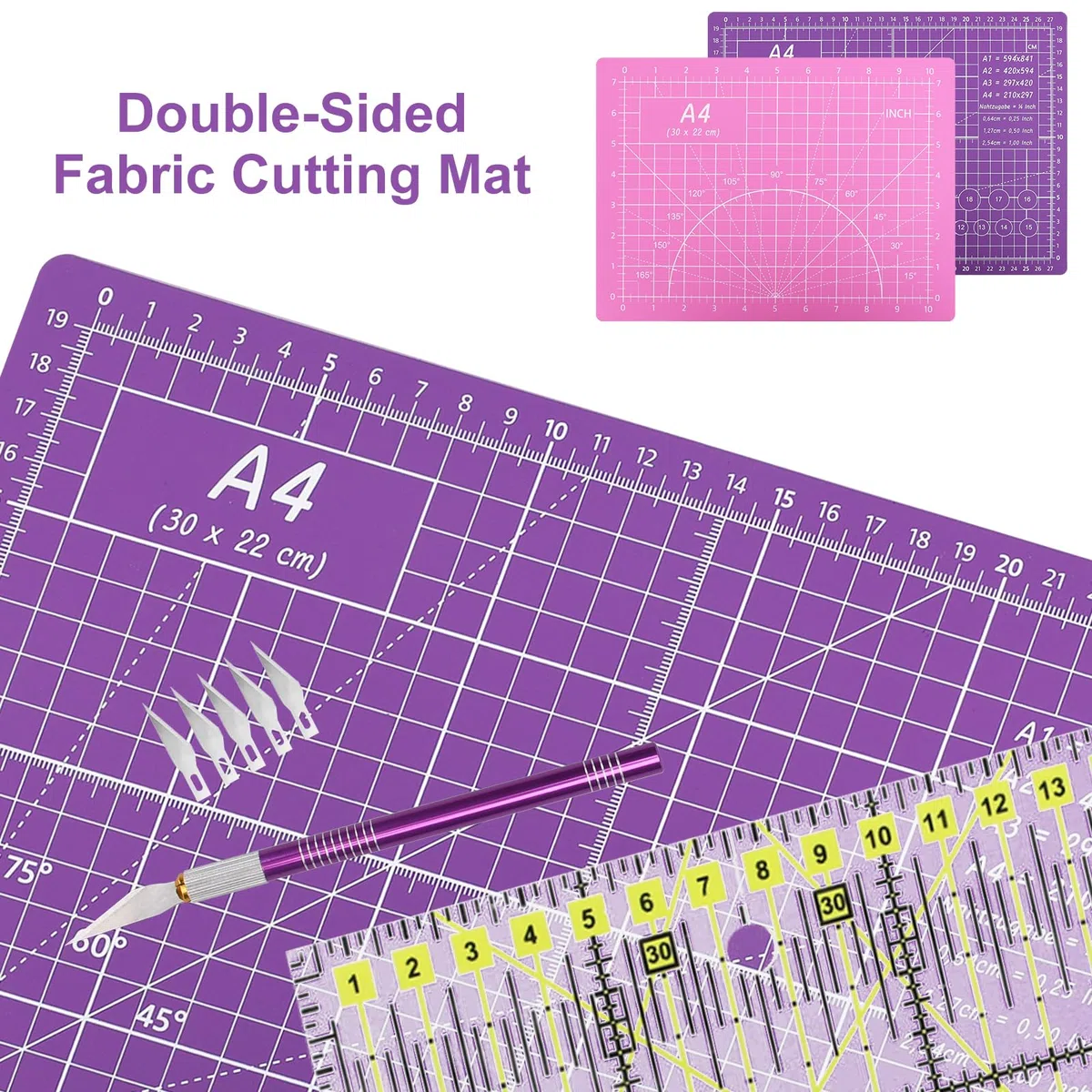 SAMISO Drehschneider-Set, Rotationsschneider, Schneidematte, A4, Rotationsschneider, Ersatzklingen, Patchwork-Lineal, Drehmesser für Stoff, Leder, Scrapbooking
