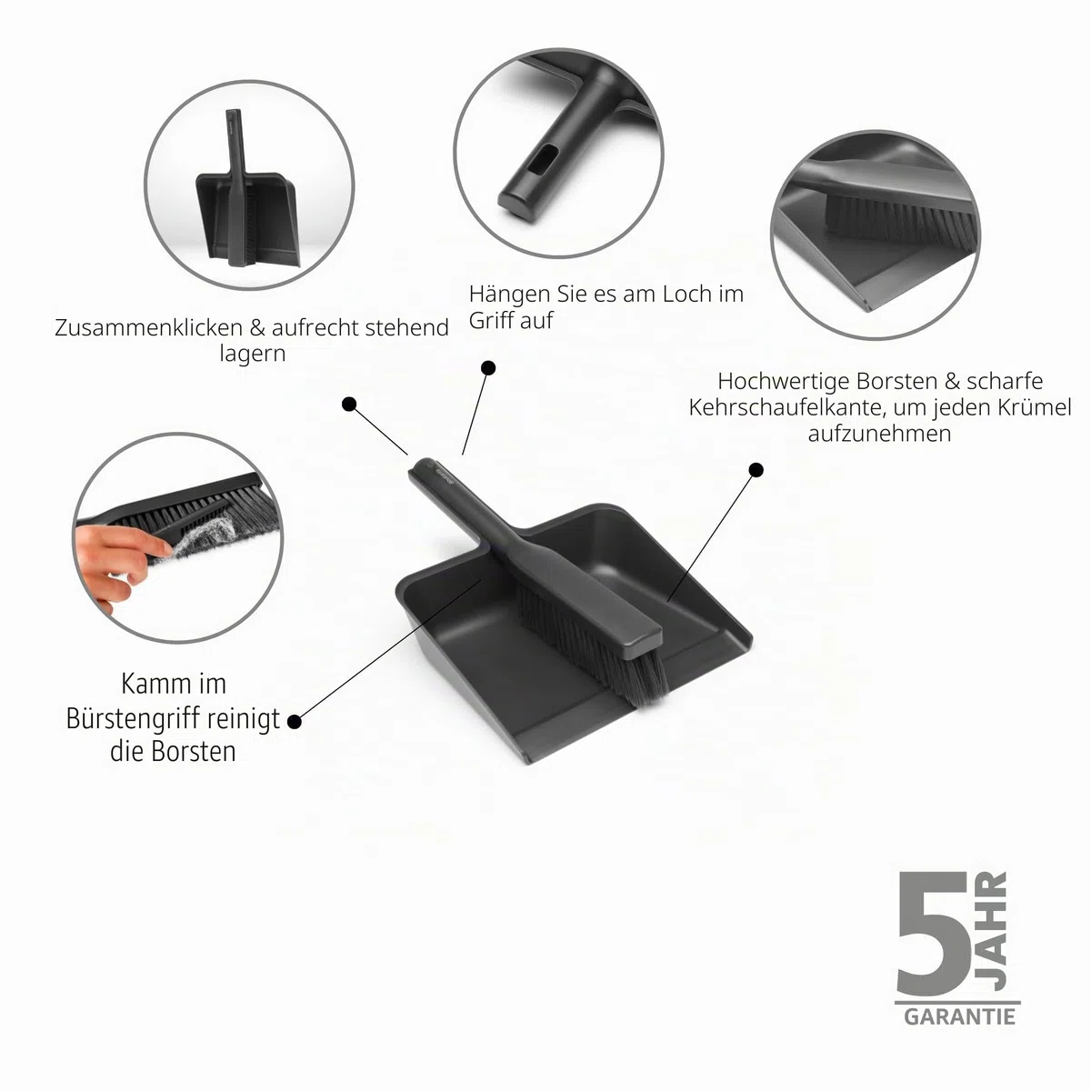 Brabantia SinkSide Dustpan and Brush Set, with Comb - Dark Grey