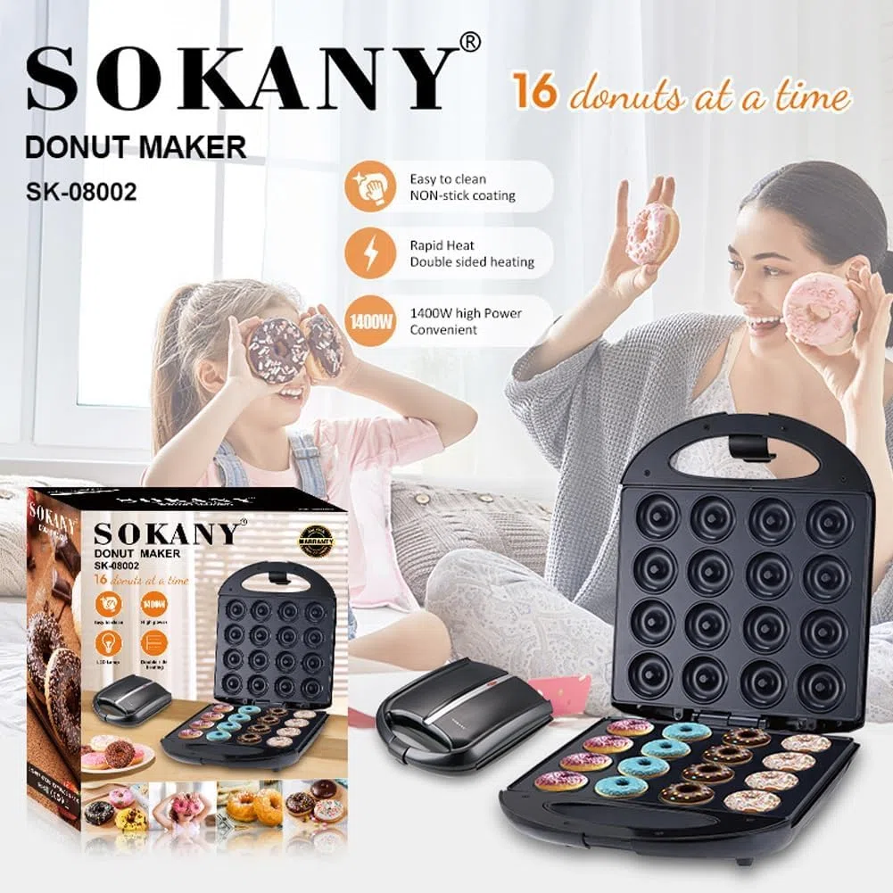 SOKANY SK-08002 1400W Donut Maker, Mini-Donut-Maker für 16 Mini-Donuts, Antihaftbeschichtung, Automatische Temperaturregelung, BPA-frei