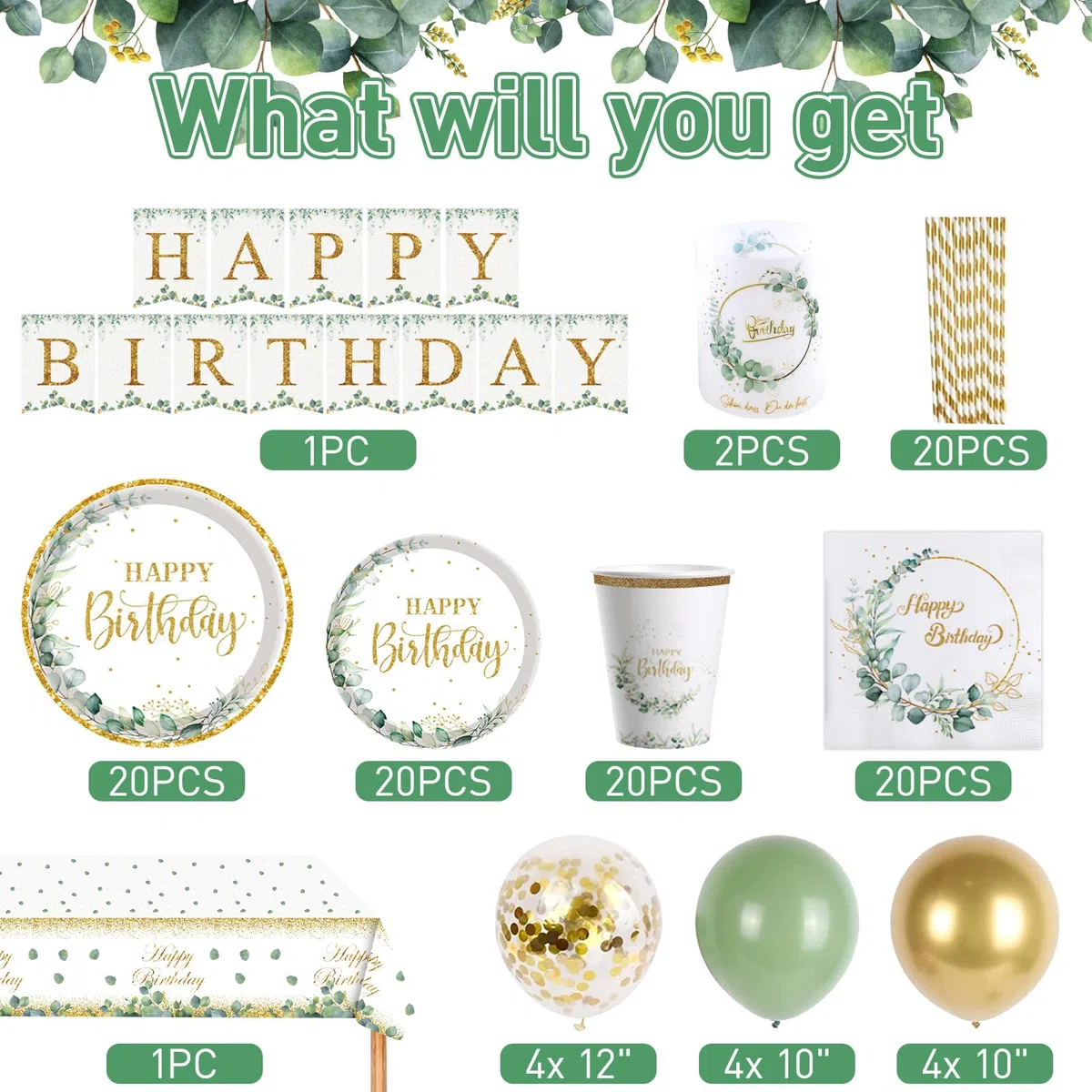Geburtstagsdeko Teller Set, Eukalyptus Pappteller 116 Stück für 20 Gäste, Happy Birthday Geburtstag Deko Frauen, Grün Partygeschirr Set für Party Deko