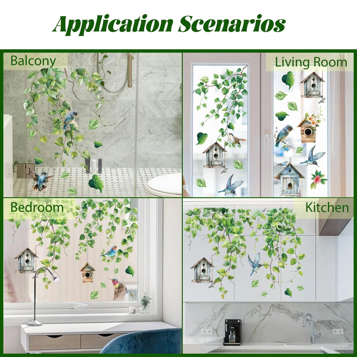 PLIGREAT 9 Blätter Hängende Grüne Rebe Fensterklammern Vögel Blumenkäfig Fensteraufkleber Selbstklebende DIY Aufkleber für Schlafzimmer Home Fenster Dekor Store Display Glastür Dekorativ
