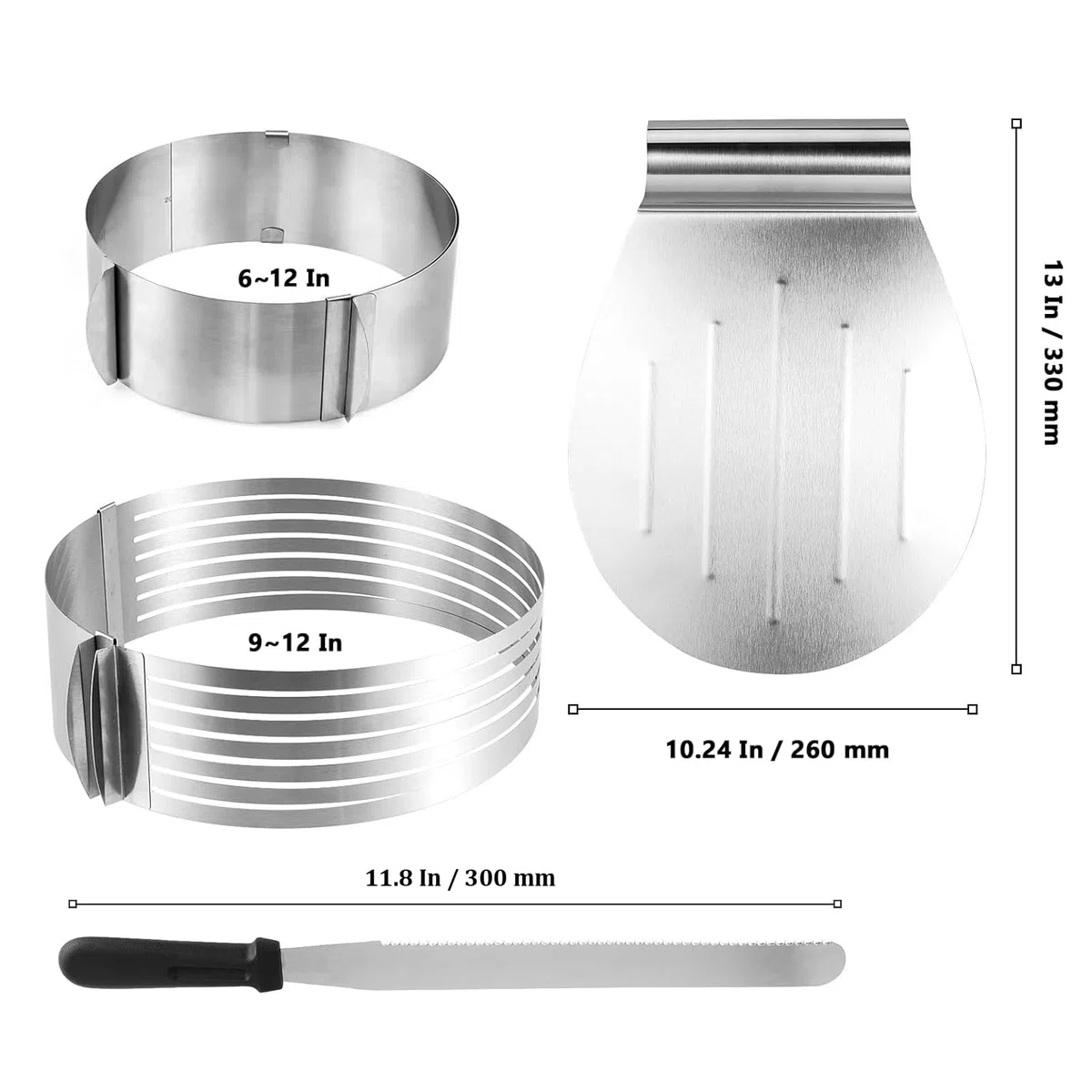 4 TLG Tortenzubehör Set Edelstahl, Verstellbare Kuchenschneider Ø24-30, Konditormesser, Tortenring Verstellbar Ø16-30, Tortenbodenschneider Set für die Herstellung von Kuchen