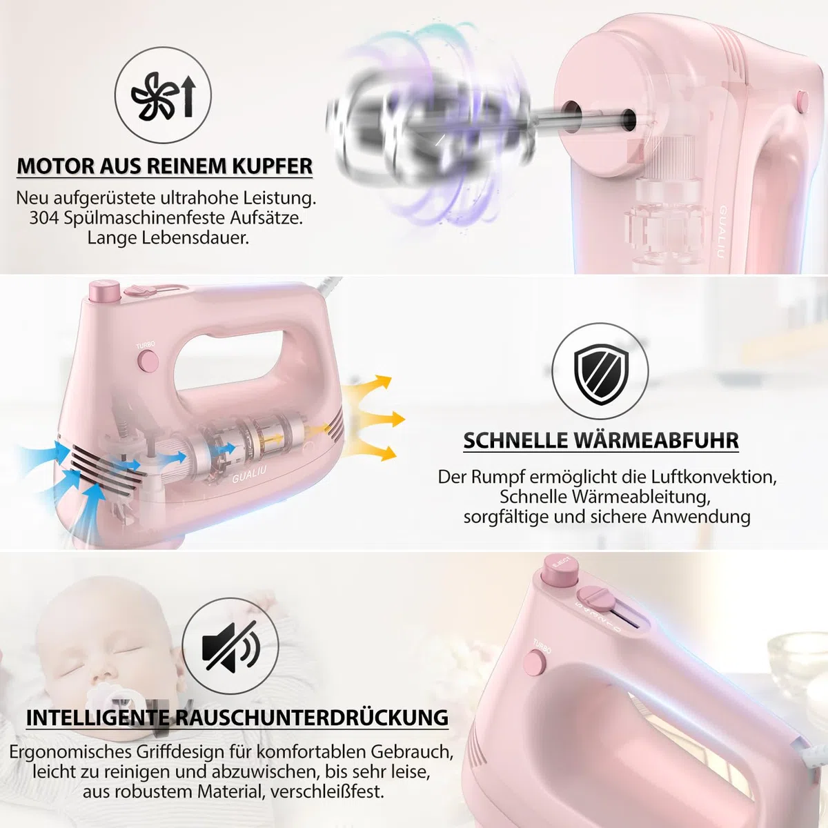 Elektrischer Handmixer mit Edelstahl Schneebesen, Knethaken, Elektrische Handrührer,Turbo Boost /5 Geschwindigkeit, Handrührgerät für Backen Kuchen, Eier Sahne Lebensmittel-Mixer (PINK)