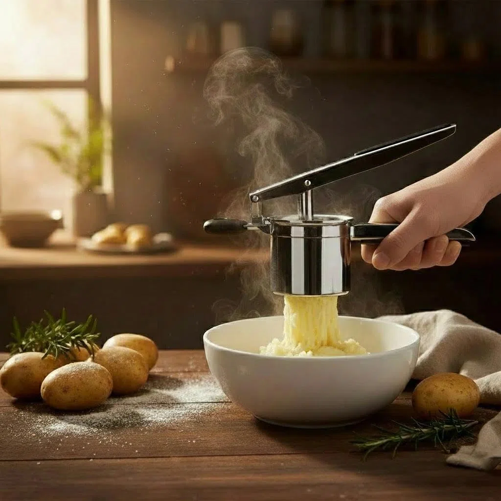 Kartoffelstampfer,Kartoffelpresse, mit 3 Austauschbare Sieb, Spätzlepresse Edelstahl für Cremiges Kartoffelpüree, Gemüsebrei, Spätzle und Lebensmittelrezept