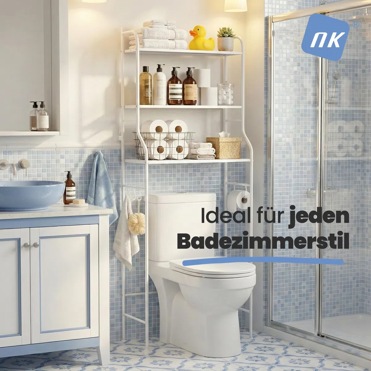 NK Badezimmerregal über Toilette – 153 x 47 x 26 cm, 3 obere Regalböden, 3 Haken, Toilettenpapierhalter, rutschfeste Füße, Struktur aus Eisen und Polypropylen, Weiß, einfache Montage