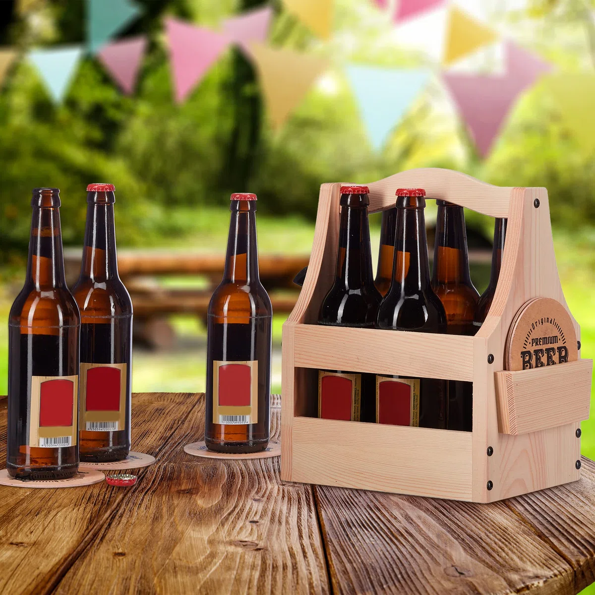 Relaxdays Bierträger aus Holz, mit Flaschenöffner & Bierdeckel, Flaschenträger 6 Flaschen, Männerhandtasche Bier, Natur