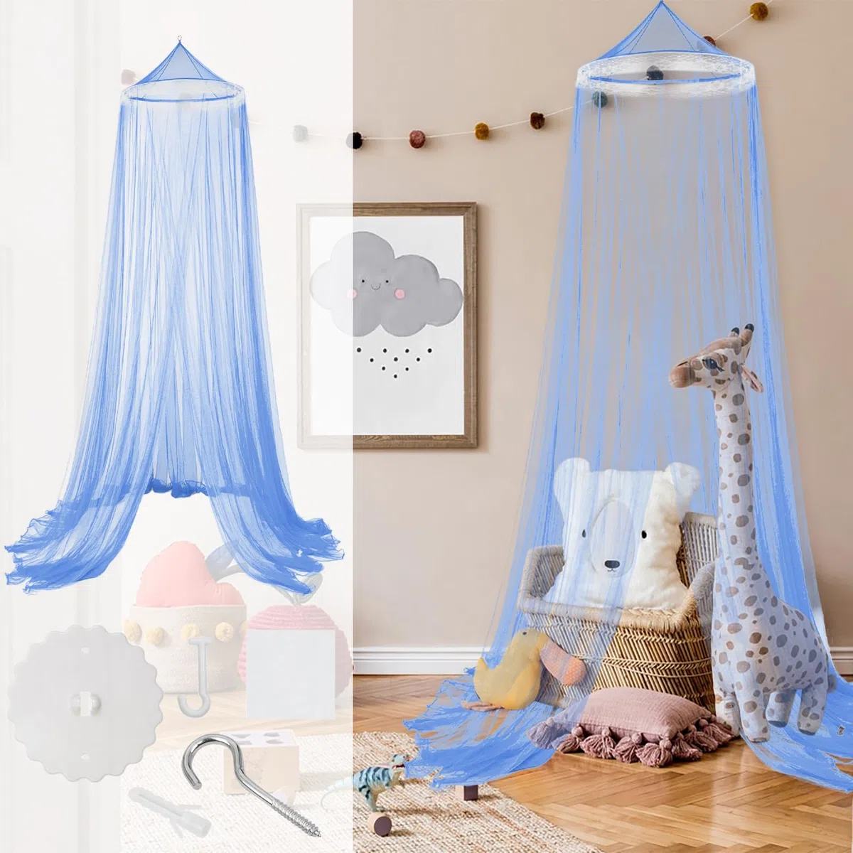 Simsky Zweifarbiges Prinzessin Bett Baldachin Moskitonetz, Blau, Mädchen Betthimmel, Kinderzimmer Dekoration