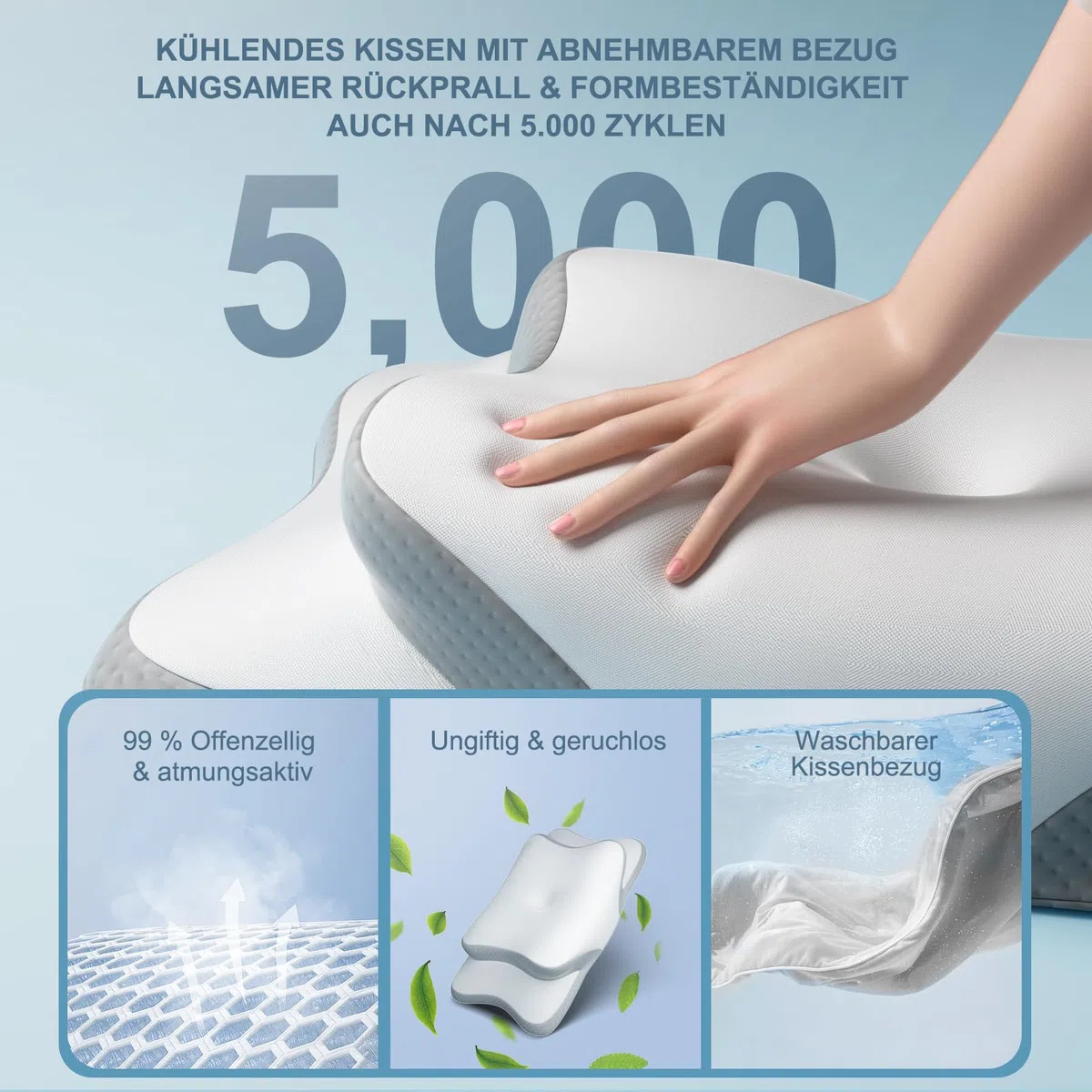 Nackenkissen Kopfkissen, Memory Foam Kissen. Nackenstützkissen, Ergonomisches Kopfkissen. Pillow Kissen für Seiten, Rücken & Bauchschläfer (1er Pack)