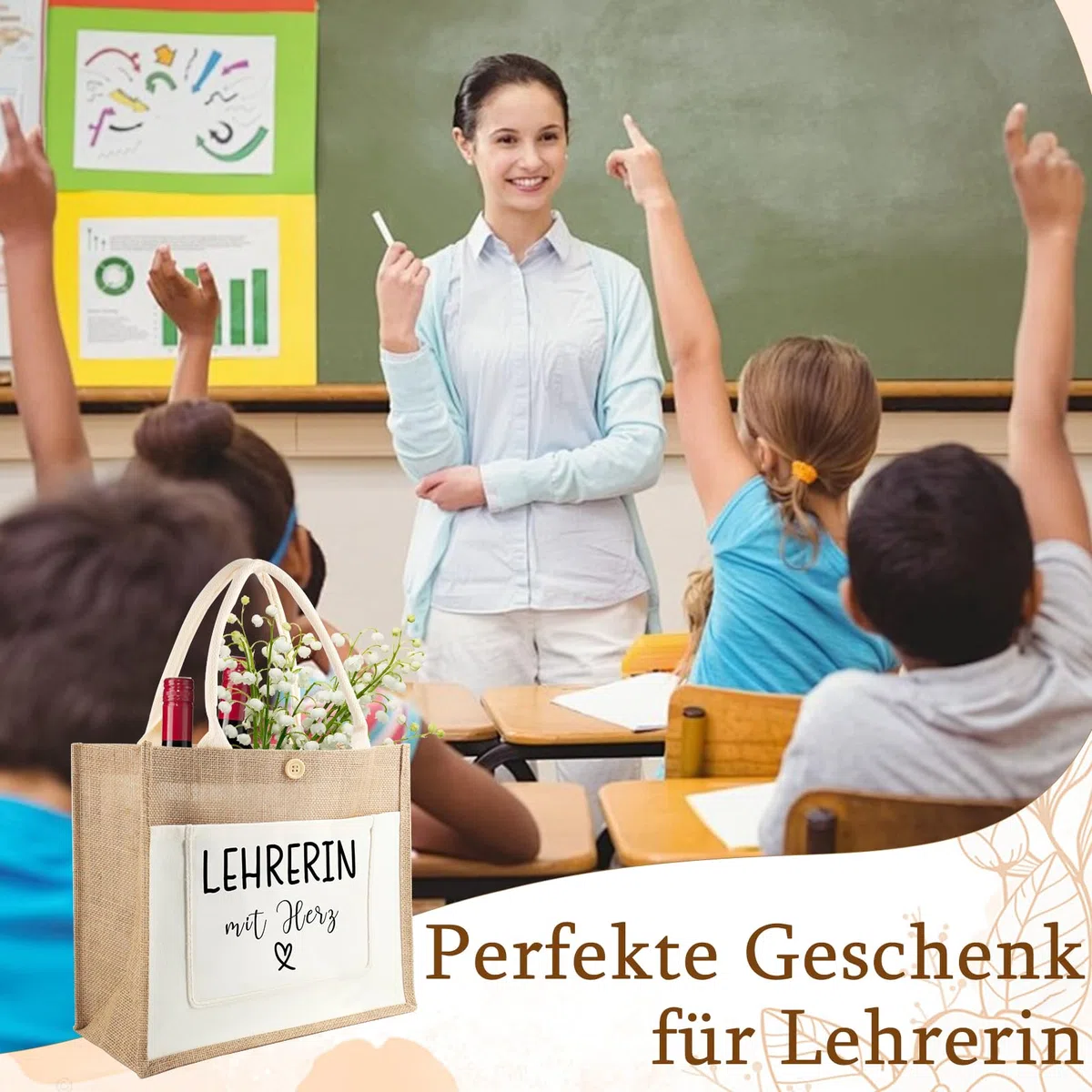 Jutetasche Lehrerin mit Herz, Jute Shopper Bag als Abschiedsgeschenk, Dankesgeschenk für Lehrer Frauen, Jute Einkaufstasche Geschenke für Lehrerin zum Abschied, Geburtstag, Lehrertag, Abschlussfeier