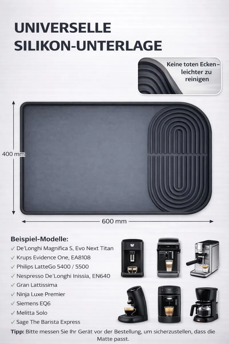 Kaffeematte aus Silikon für Kaffeemaschine, 60x40 cm, rutschfeste Unterlage mit Rand, Wasserdicht & BPA-frei, Abtropfmatte für Küchenarbeitsplatte, Schutzmatte, Schwarz