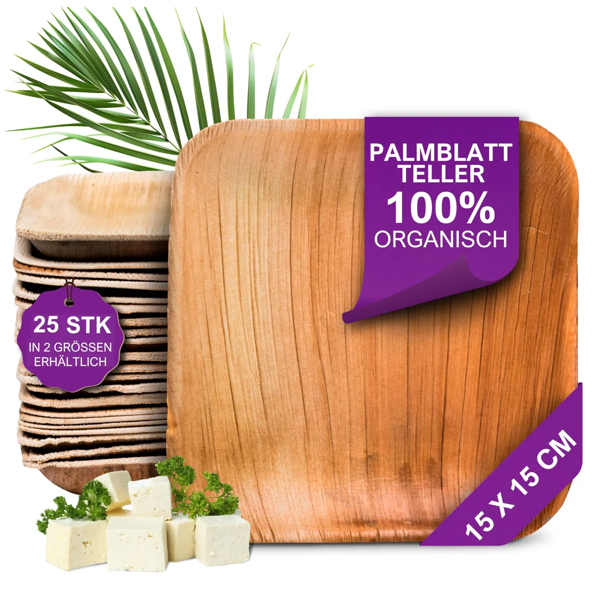 Bio Palmblattteller - 25 Einweg Teller klein eckig 15x15 cm - Premium Einweggeschirr kompostierbar - Umweltfreundliche Partyteller - Palmblatt Geschirr