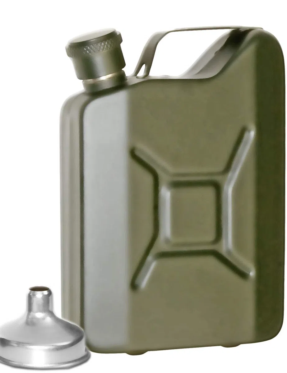 Edelstahl Flachmann im Benzinkanister-Design, 150ml Trinkflasche, oliv-grün