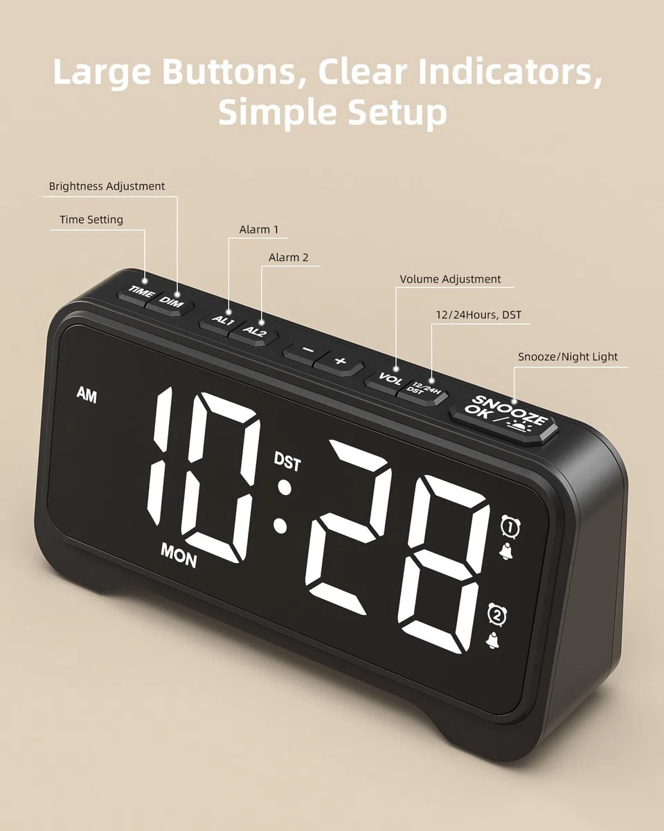 ROCAM LED Wecker Digital mit Großen Zahlen, Nachttisch Wecker mit Typ-C & USB-Ladeanschluss, Dualer Alarm, 12/24H, Wochenendmodus, Digital Uhr für Schlafzimmer, Kinder, Teenager, Senioren