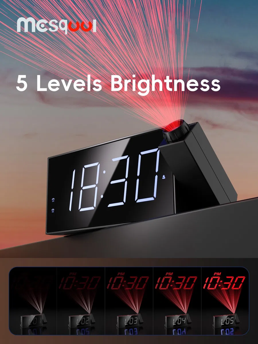 Projektionswecker für Schlafzimmer, Digitalwecker mit großer 7" LED-Anzeige, Dimmer, 180° Projektor, USB-Ladegerät, 12/24 H, DST, Snooze, Batterie Backup, Schreibtisch Wand Deckenuhr für ältere Kinder